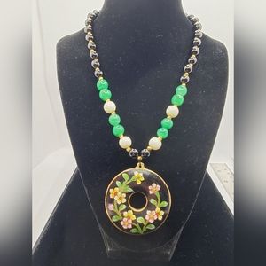 Vintage Les Bernard Sterling Cloisonne Glass Necklace 1970's New Old Stock